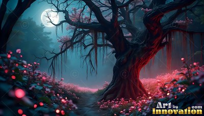 A crooked tree stands along a dirt path covered in pink flowers under the full moon