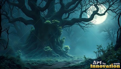 In a teal foggy forest, a large mossy tree stands under a bright round moon