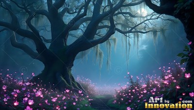 Spreading over pink flowers, a crooked tree rests in blue moonlight