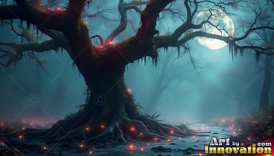 A gnarled tree stands in blue mist under a full moon with red lights