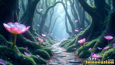 Pink saucer flowers line a stone path curving through mossy trees in blue fog