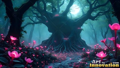 An ancient tree spreads wide roots over pink flowers under pale teal moonlight