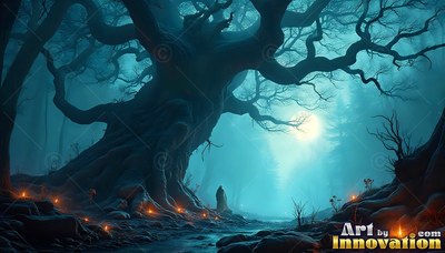 Standing facing away in teal woods, a cloaked figure stops by a twisted tree