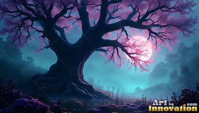 A large tree with pink leaves stands before a bright pink moon in the blue fog