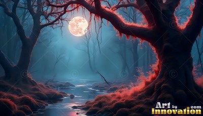 In a dark foggy forest, a bright moon shines over a stream and red mossy trees
