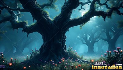 Spreading wide branches in blue fog, an ancient tree rises over small pink flowers