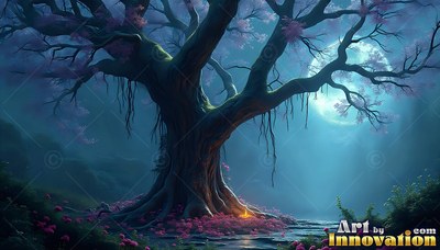 A wide tree with pink flowers stands before a bright moon