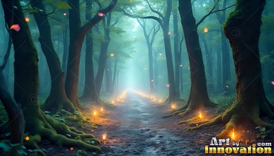 Mossy roots border a straight dirt trail lined with warm candles in a dark forest