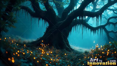 A wide gnarled tree stretches dark branches over mossy ground lit by tiny yellow specks in teal fog