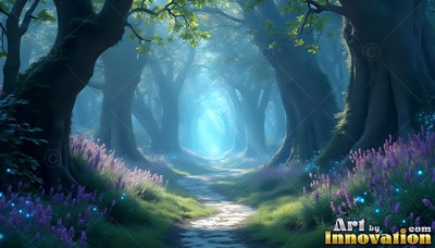 Curving between old trees, a stone path leads into a misty blue forest