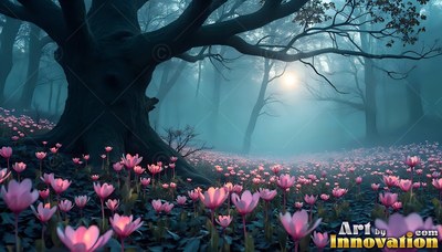 Pink flowers cover the ground beneath an old tree in foggy blue woods under the moon