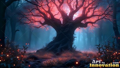 In a foggy blue woods, a thick gnarled tree spreads pink canopy leaves above spark points