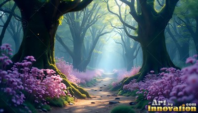 Winding beneath tall trees, a dirt path passes patches of pink flowers in soft light
