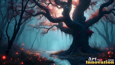A large gnarled tree in a foggy blue forest with red lights