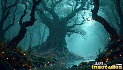Twisted roots spread from a large tree standing in a dark teal forest by a shallow creek