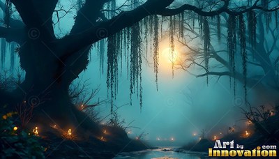 A dark tree hangs over a forest stream under a warm yellow moon in teal fog