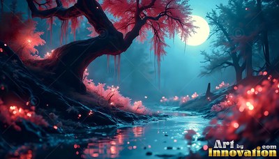 Bending over a forest creek, a twisted tree with pink leaves in blue mist