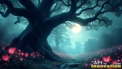 An old crooked tree stands in blue mist beside pink flowers under a bright moon