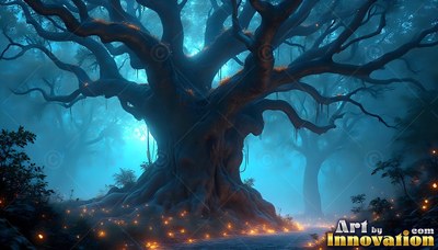 In a dark teal forest, an old gnarled tree stands over bright fireflies