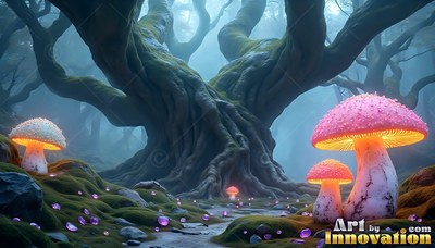 Spreading wide roots in blue mist, a thick tree rises behind pink spotted mushrooms