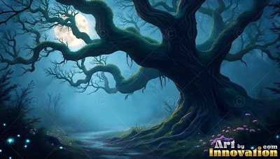 A gnarled oak tree under a bright round moon in blue mist