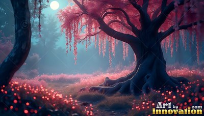 Hanging pink blossoms drape from a large tree in a misty forest under a bright moon