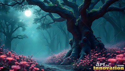 A thick gnarled tree spreads its branches over pink flowers under a bright moon in teal mist