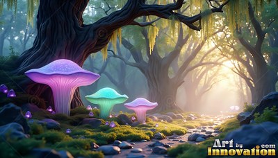 Sprouting upright along a mossy woodland path, purple and blue mushrooms shine in sunbeams