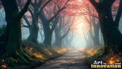 A stone path cuts through pink canopy trees with tiny fireflies along the edges