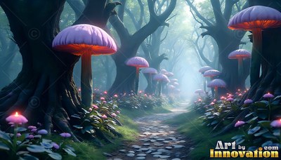 In a misty forest, large pink mushrooms line a stone path between dark trees