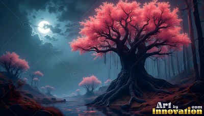 Standing beside dark water, a pink blossom tree spreads under the full moon