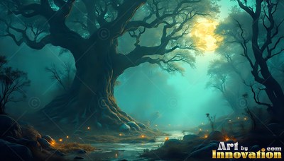 An ancient gnarled tree in teal mist by a moonlit stream