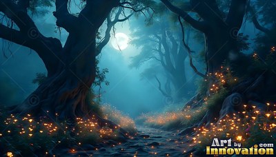 Gnarled dark bark covers crooked trees along a dirt path lit by small yellow blossoms and a bright moon