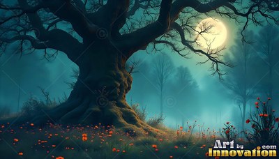 A gnarled oak tree spreads bare branches under pale moonlight in teal fog