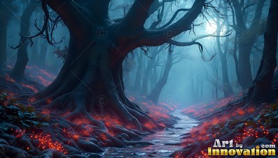 Leaning low beside a foggy blue creek, an old tree stands over red moss