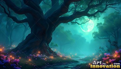 A twisted tree stands beside purple flowers in a teal moonlit forest