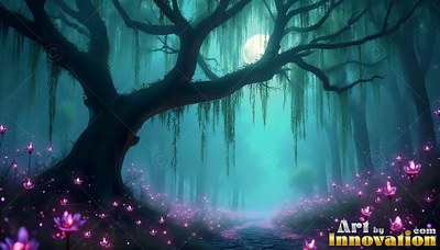 In a moonlit teal swamp, an old weeping tree arches over pink blossoms