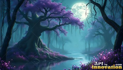 Spreading over a teal river, a large tree with purple leaves sits under the round moon