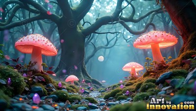 Bright pink mushrooms line a mossy forest path in moonlight