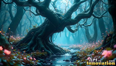 Thick mossy roots of a twisted tree stretch beside a stream in a teal forest