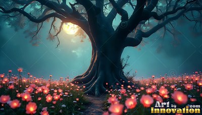 A wide tree spreads its branches over pink flowers lit by a yellow moon
