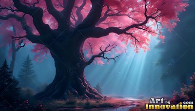 Spreading wide in a misty forest, an old tree with pink leaves catches blue light