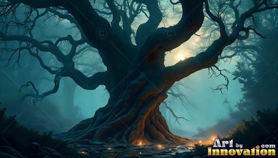 An old twisted tree stands in blue fog with small lights along the ground