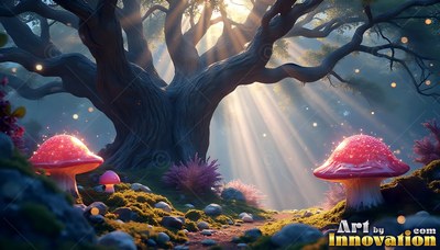 In a sunlit forest, bright red mushrooms sprout beneath a wide ancient tree