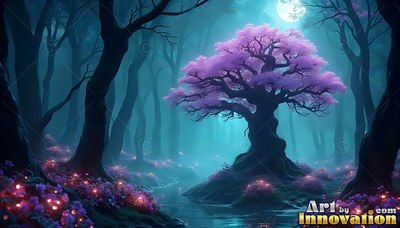 Standing beside a quiet stream, a pink blossom tree rises in teal woods under a round moon