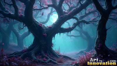 Gnarled tree with pink leaves framing a shining full moon in teal mist