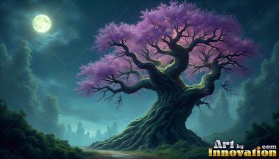 Twisted gray roots support a tree with pink blossoms in a foggy forest under a moon