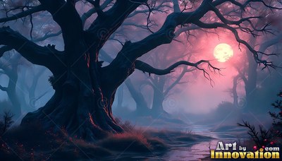 An old tree spreads its thick branches beside a stream under a round moon in pink mist