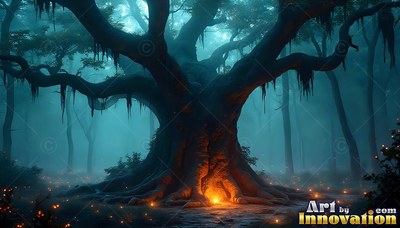 Spreading wide across a dark teal forest, an old tree holds warm light at its base