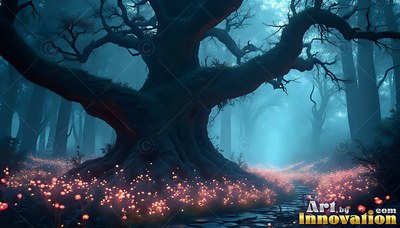 A twisted tree stands in cool blue fog above bright pink mushrooms